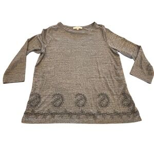 Ann Taylor LOFT Gray Heathered Knit Top Embroidered Hem XL